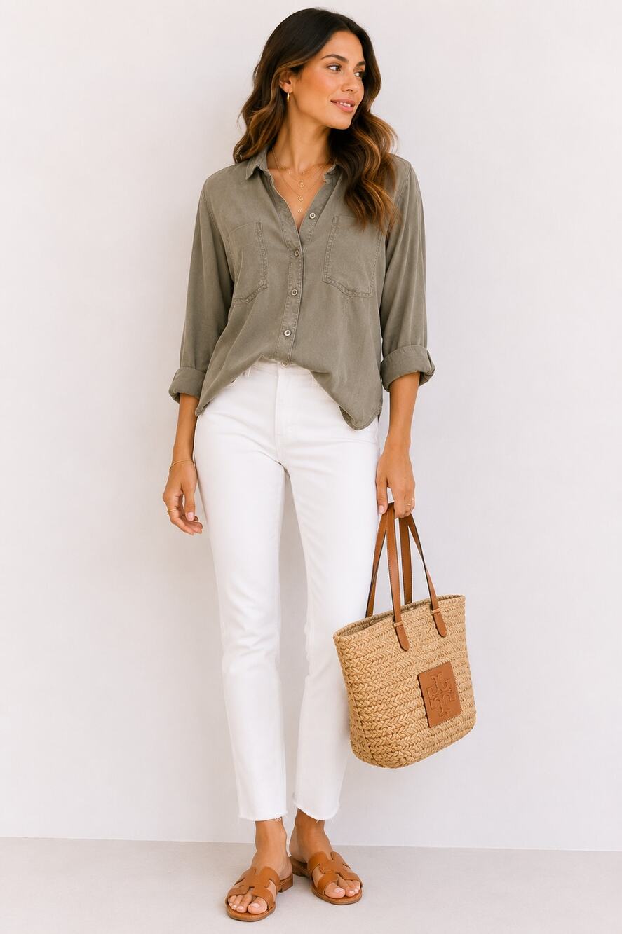 Cloth & Stone Olive Green Tencel Button Front Shirt Small